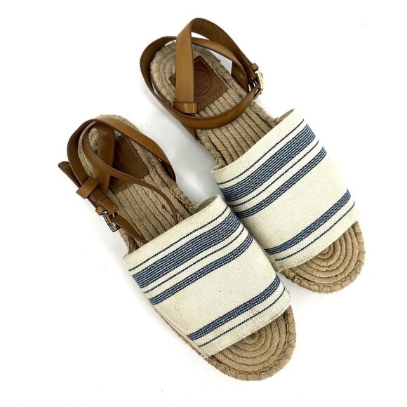 Tory Burch Stretch-Canvas Espadrille Sandal Awning‎ Ivory/Blue Size 8.5 - Picture 8 of 12